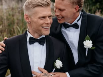 Aki Samuli eli Aki Kirvesniemi ja puoliso Niko poseeraavat mustissa smokeissa hääpäivänään elokuussa 2026.