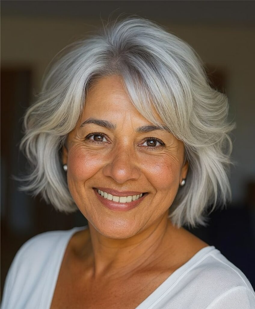 60 vuotiaan lyhyet hiukset - Lyhyt kerroksellinen bob-leikkaus, jossa sivulle kammattu otsatukka