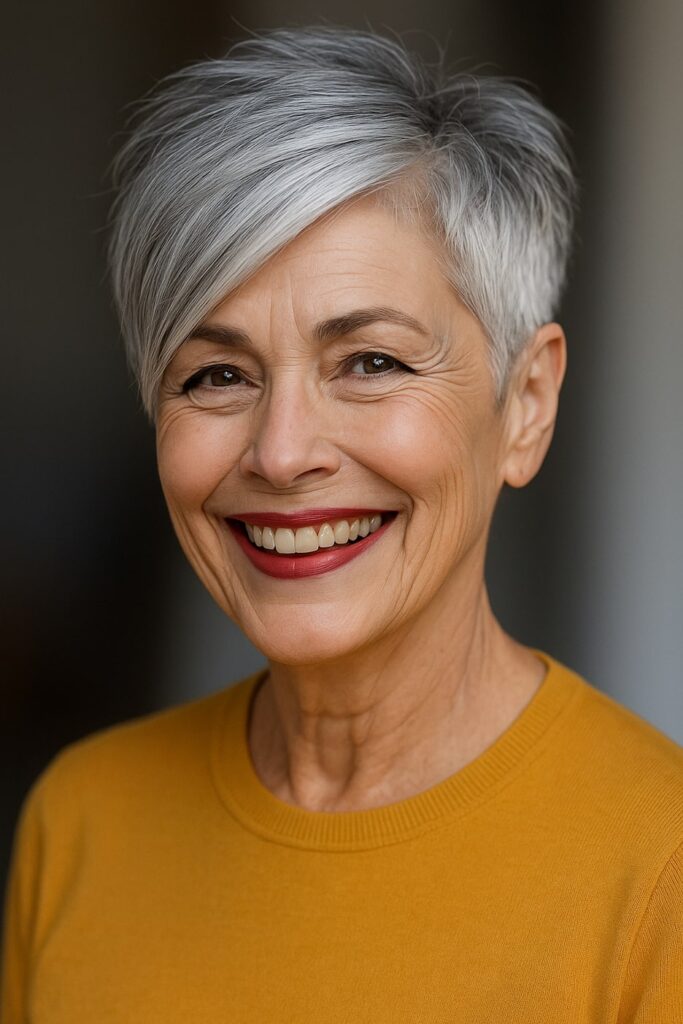 60 vuotiaan lyhyet hiukset - Teksturoitu epäsymmetrinen pixie-leikkaus