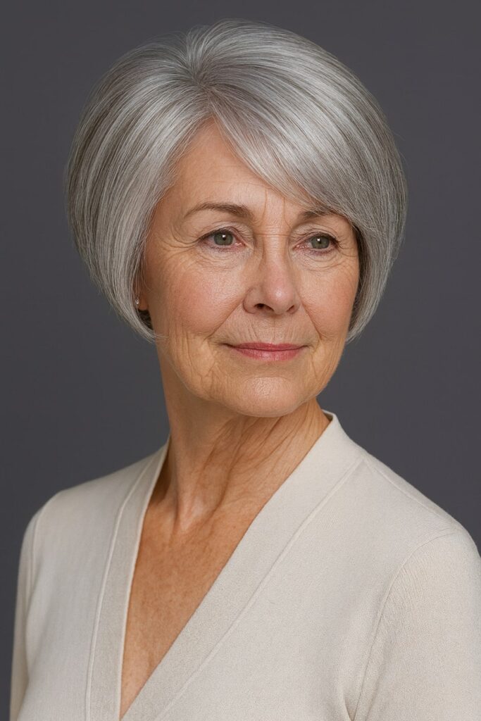 60 vuotiaan lyhyet hiukset - Klassinen kerroksellinen bob-leikkaus ja sivulle kammattu otsatukka