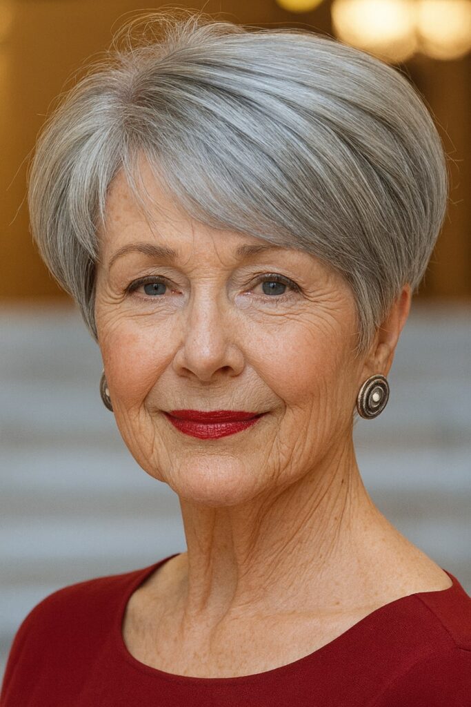 60 vuotiaan lyhyet hiukset - Lyhyt kerroksellinen pixie bob -leikkaus sivutukalla