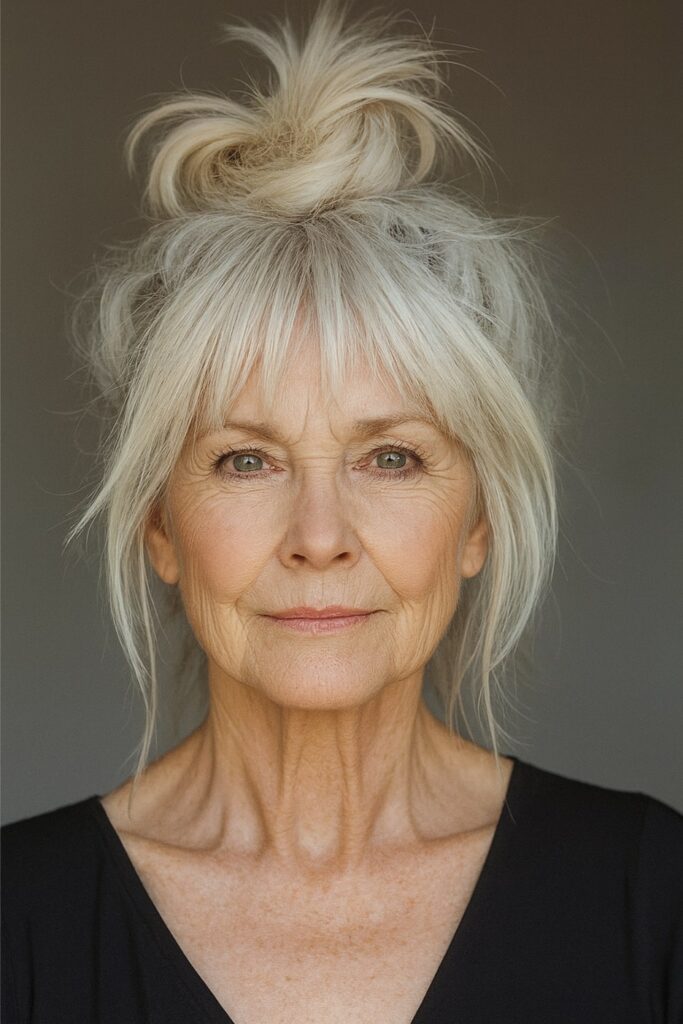 60 vuotiaan lyhyet hiukset - Sotkuinen ylhäältä sidottu nuttura ja verho-otsatukka