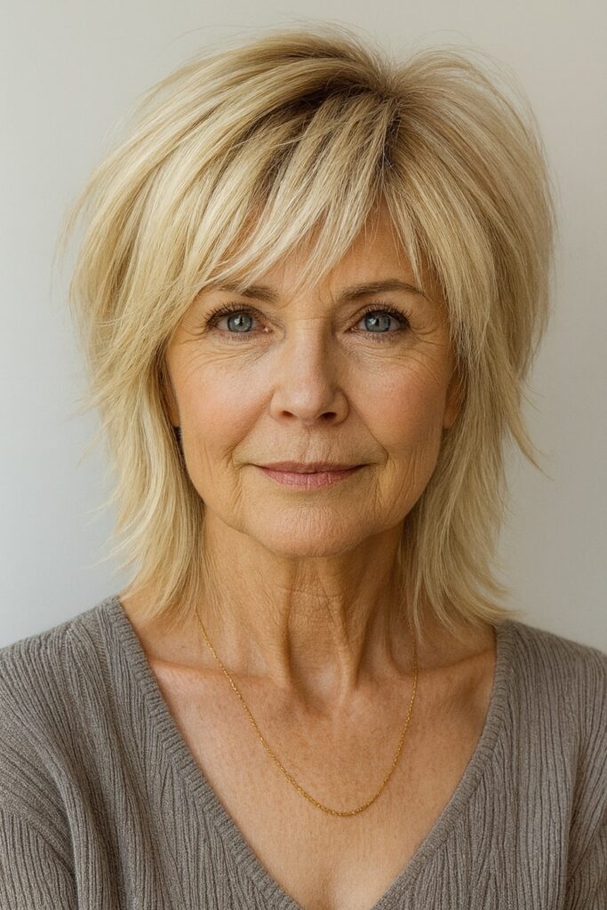 60 vuotiaan lyhyet hiukset - Moderni shag-leikkaus ohuilla otsatukilla