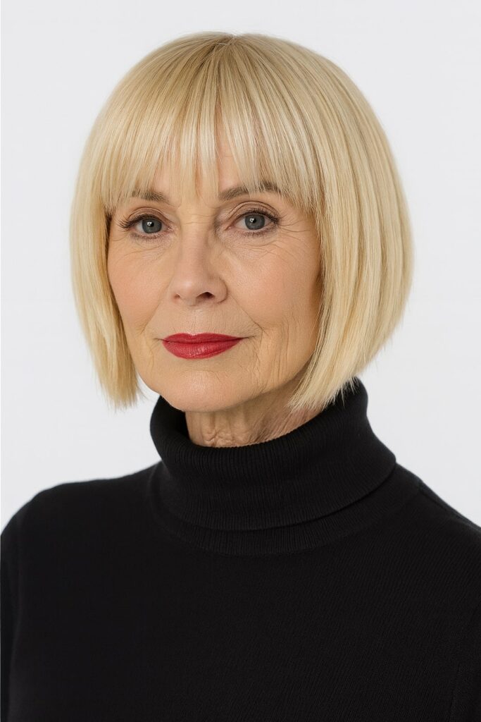 60 vuotiaan lyhyet hiukset - Klassinen suora bob-leikkaus suorilla otsatukilla