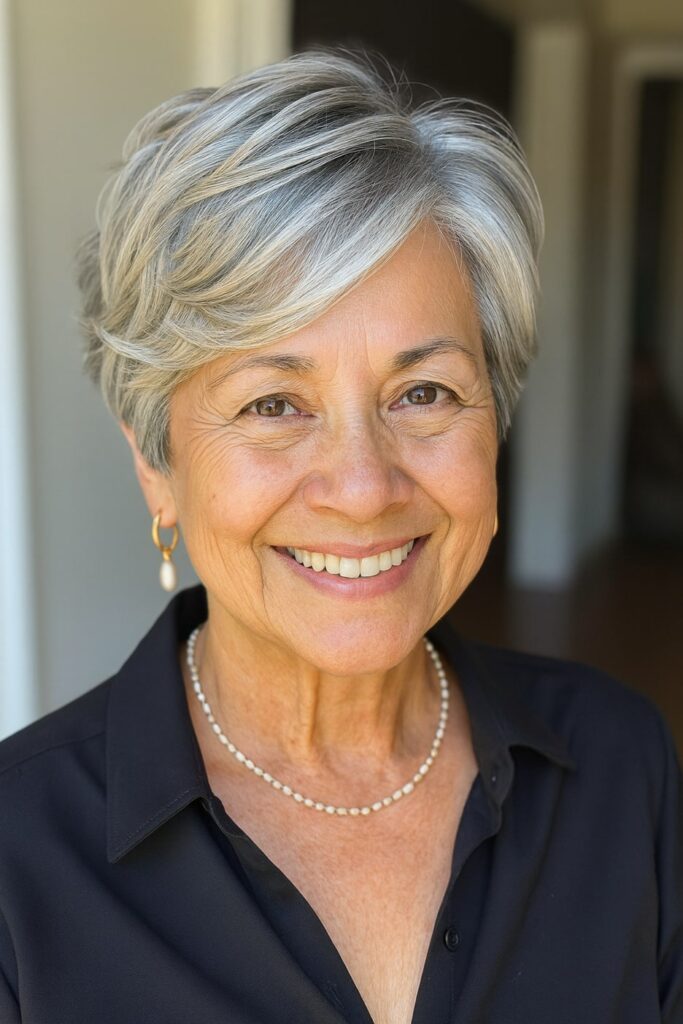 60 vuotiaan lyhyet hiukset - Teksturoitu pixie-bob-leikkaus, jossa sivulle kammattu otsatukka