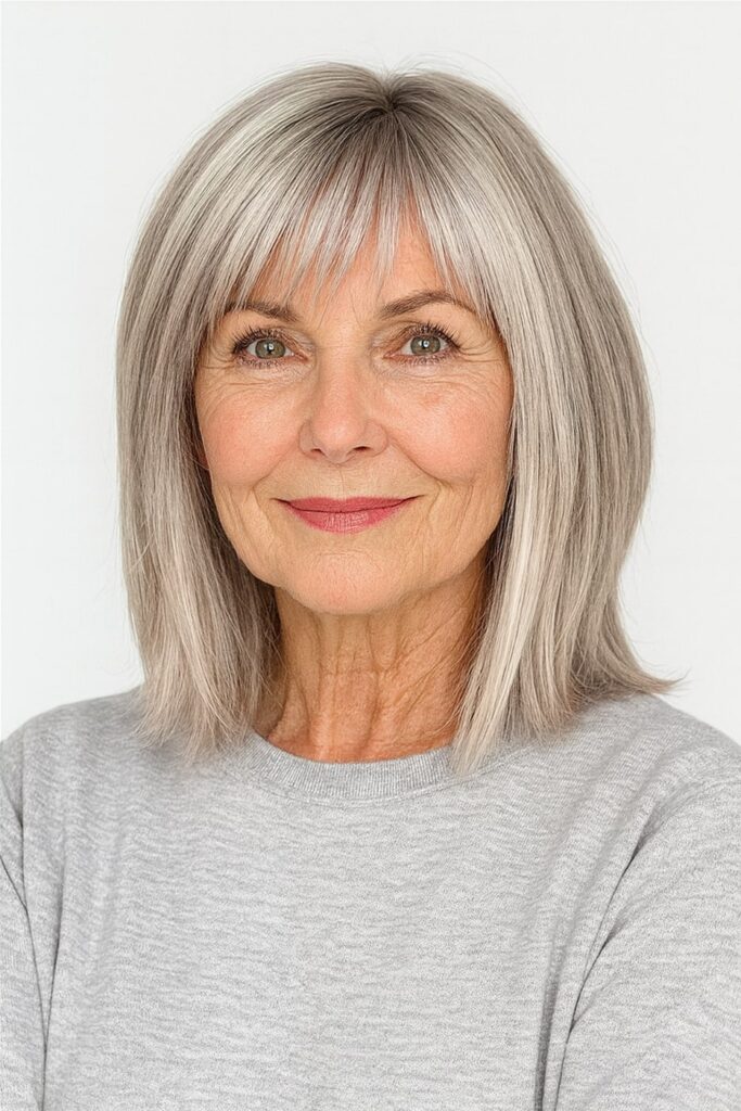 60 vuotiaan lyhyet hiukset - Olkapäiden pituinen kerroksellinen hiustyyli ja ohuet otsatukat