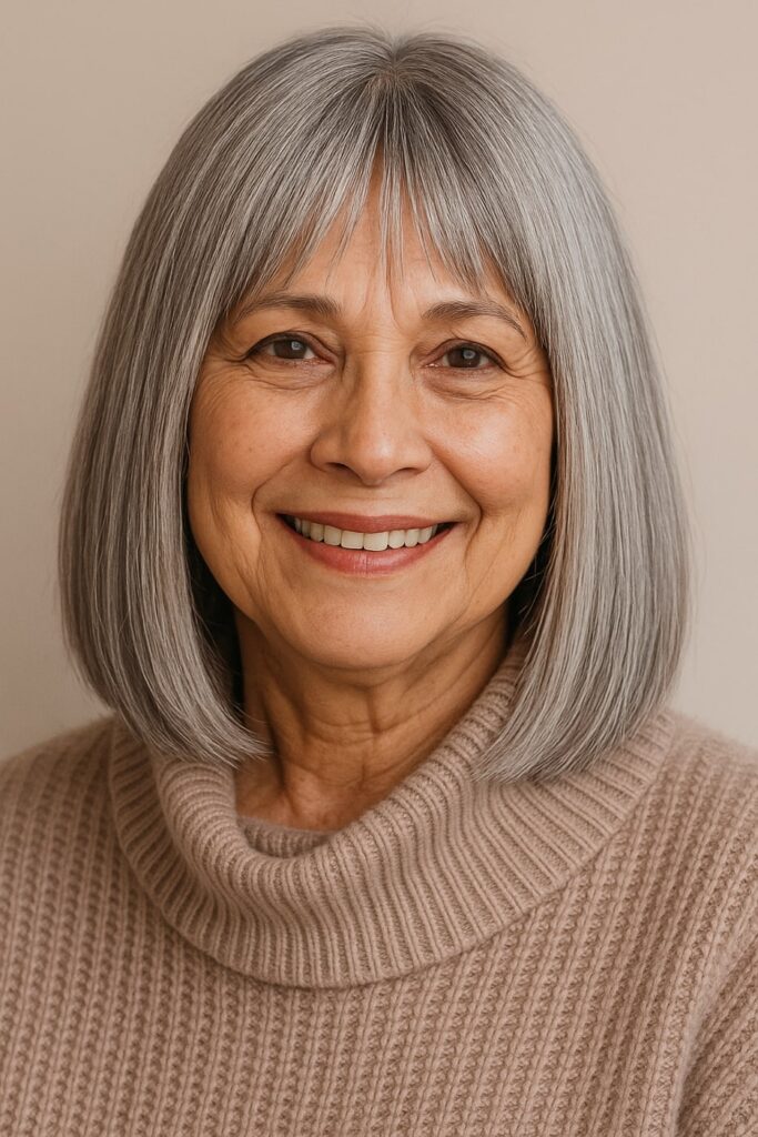 60 vuotiaan lyhyet hiukset - Klassinen bob-leikkaus otsatukalla