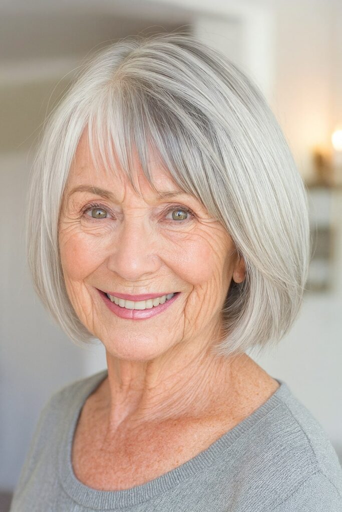 60 vuotiaan lyhyet hiukset - Klassinen hopeanvärinen bob-leikkaus sivuponnareilla