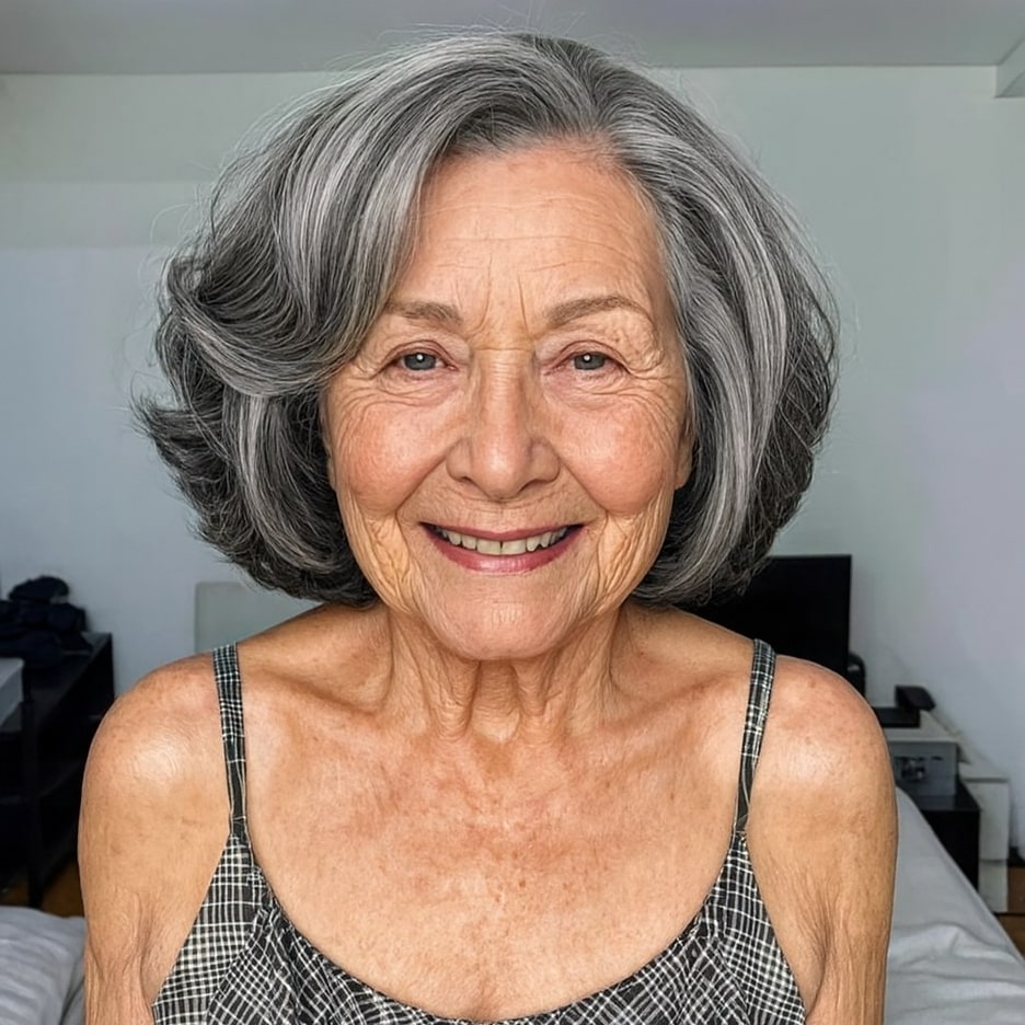 60 vuotiaan lyhyet hiukset - Tilava kerroksellinen bob-leikkaus ja sivulle kammattu otsatukka