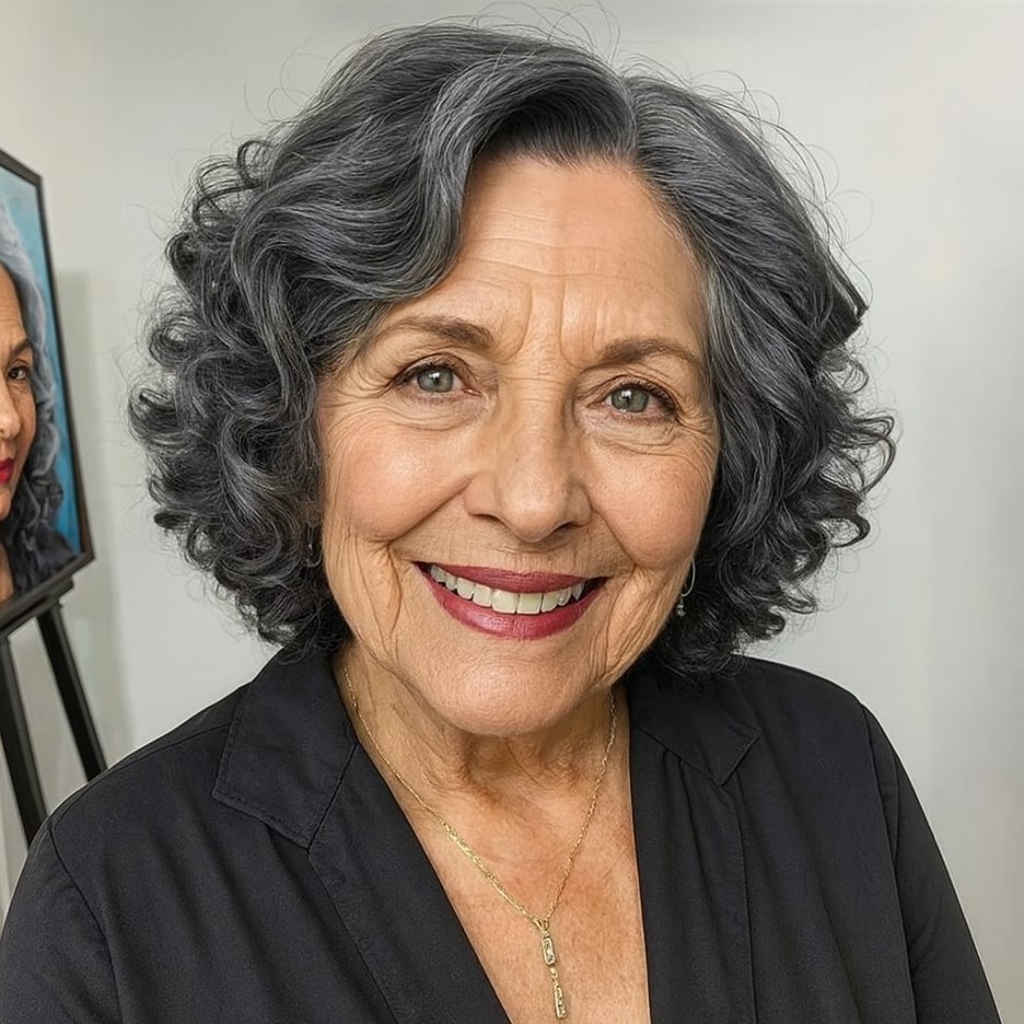 60 vuotiaan lyhyet hiukset - Lyhyt kihara bob, jossa on kerrokselliset harmaat korostukset