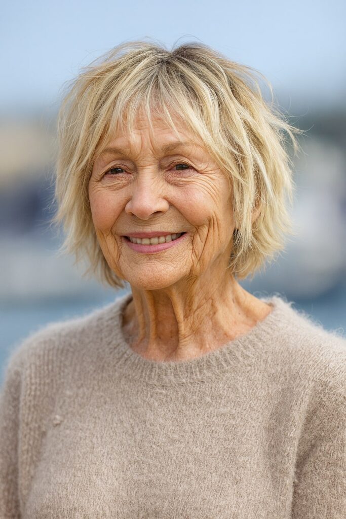 60 vuotiaan lyhyet hiukset - Teksturoitu bob-leikkaus otsatukalla