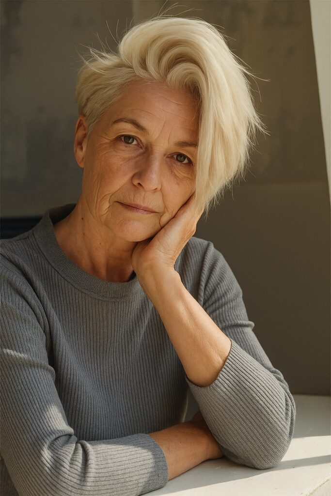 60 vuotiaan lyhyet hiukset 2025 - Pitkä pixie-leikkaus sivulle kammattuine otsatukineen