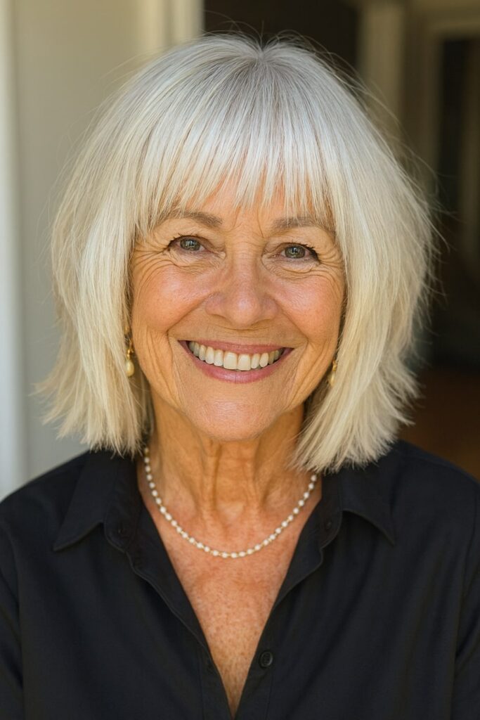 60 vuotiaan lyhyet hiukset - Tylsä bob-leikkaus ja täysi otsatukka