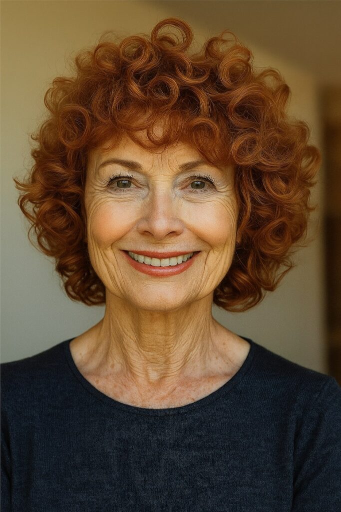 60 vuotiaan lyhyet hiukset - Kihara bob ja otsatukka