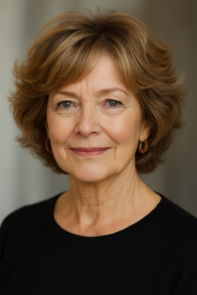 60 vuotiaan lyhyet hiukset - Aaltoileva kerroksellinen bob-leikkaus ja sivulle kammattu otsatukka