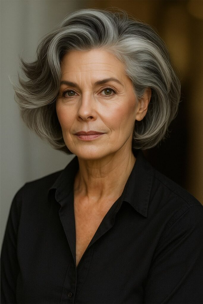 60 vuotiaan lyhyet hiukset - Klassinen kerroksellinen bob-leikkaus, jossa on sivuttainen volyymi