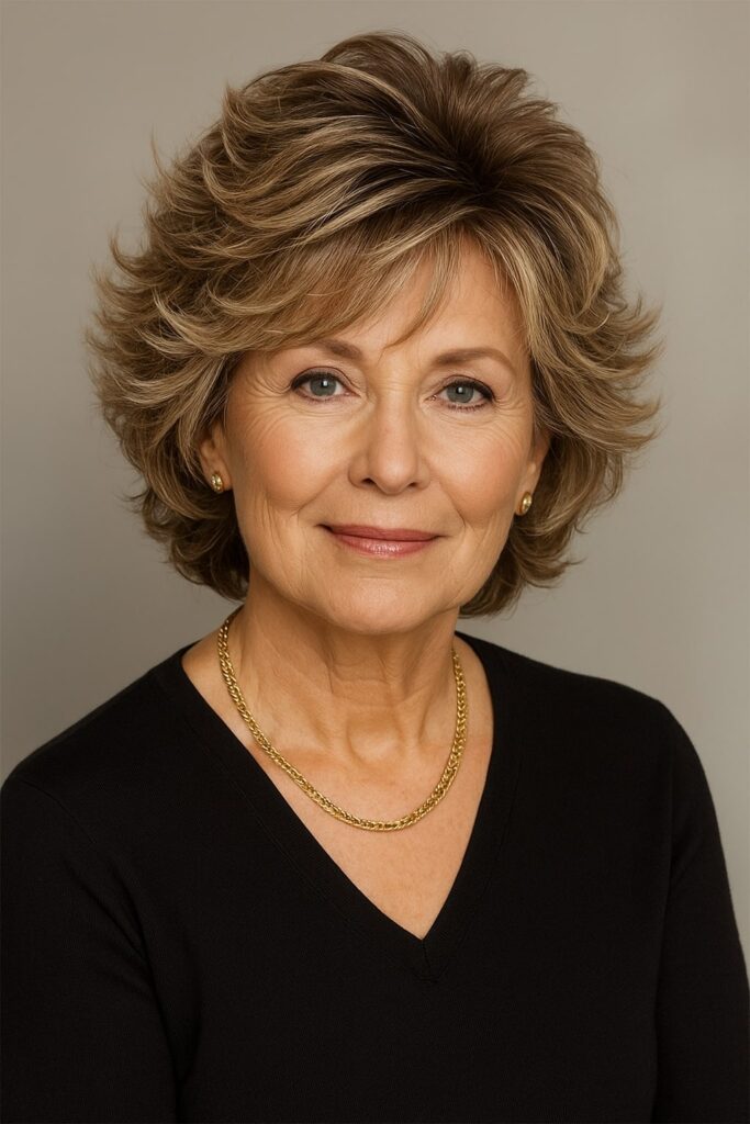 60 vuotiaan lyhyet hiukset - Höyhenpeitteinen shag-leikkaus