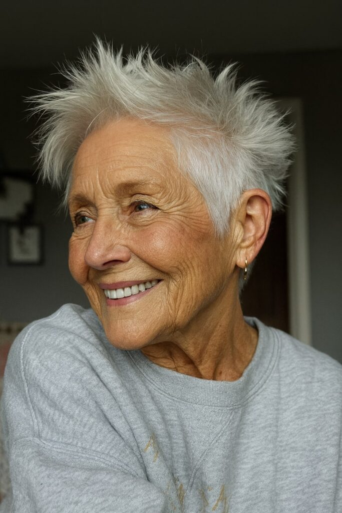 60 vuotiaan lyhyet hiukset - Piikikäs pixie-leikkaus