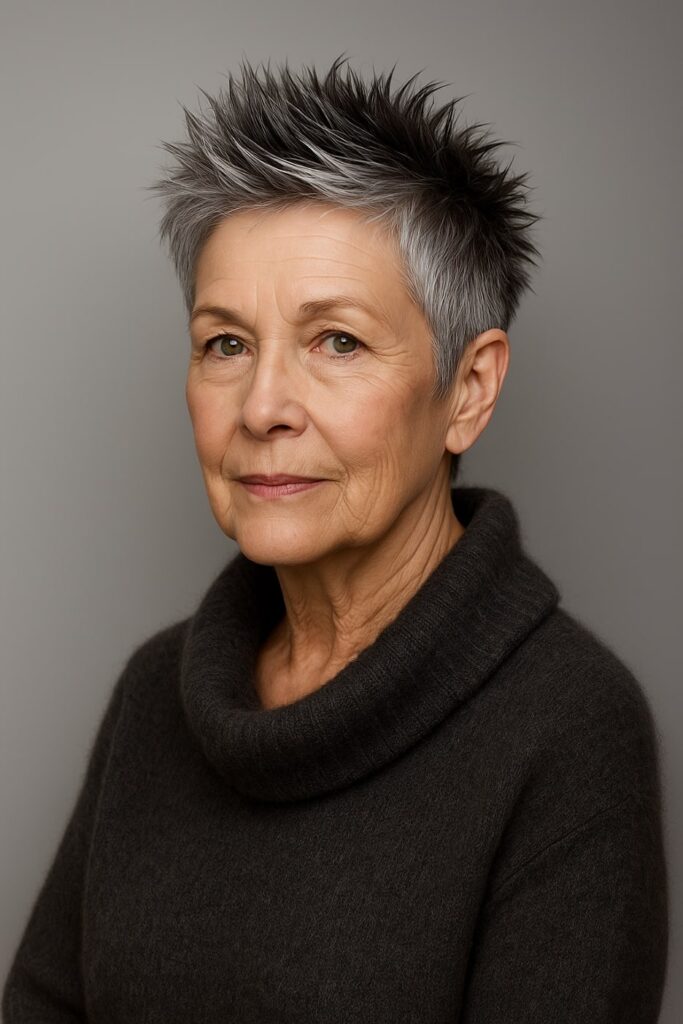 60 vuotiaan lyhyet hiukset - Piikikäs teksturoitu pixie-leikkaus